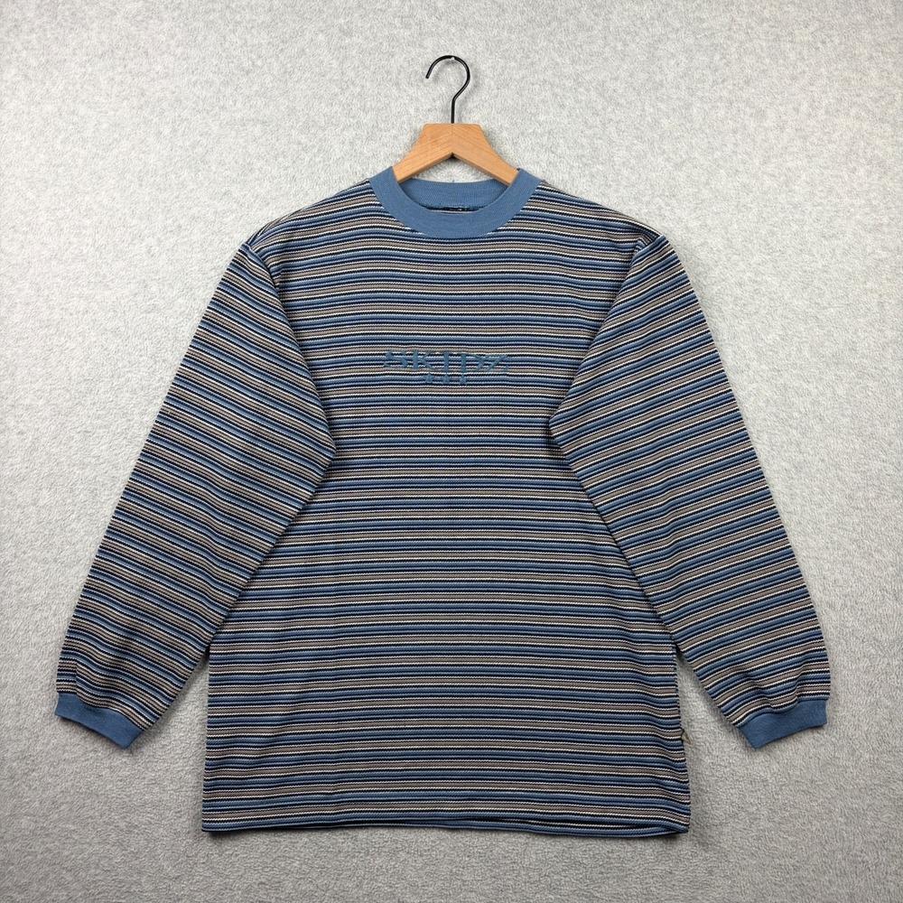 Vintage 90s SKIDZ Striped Shirt Mens Large Waffle Knit Long Sleeve Blue‎ Skater
